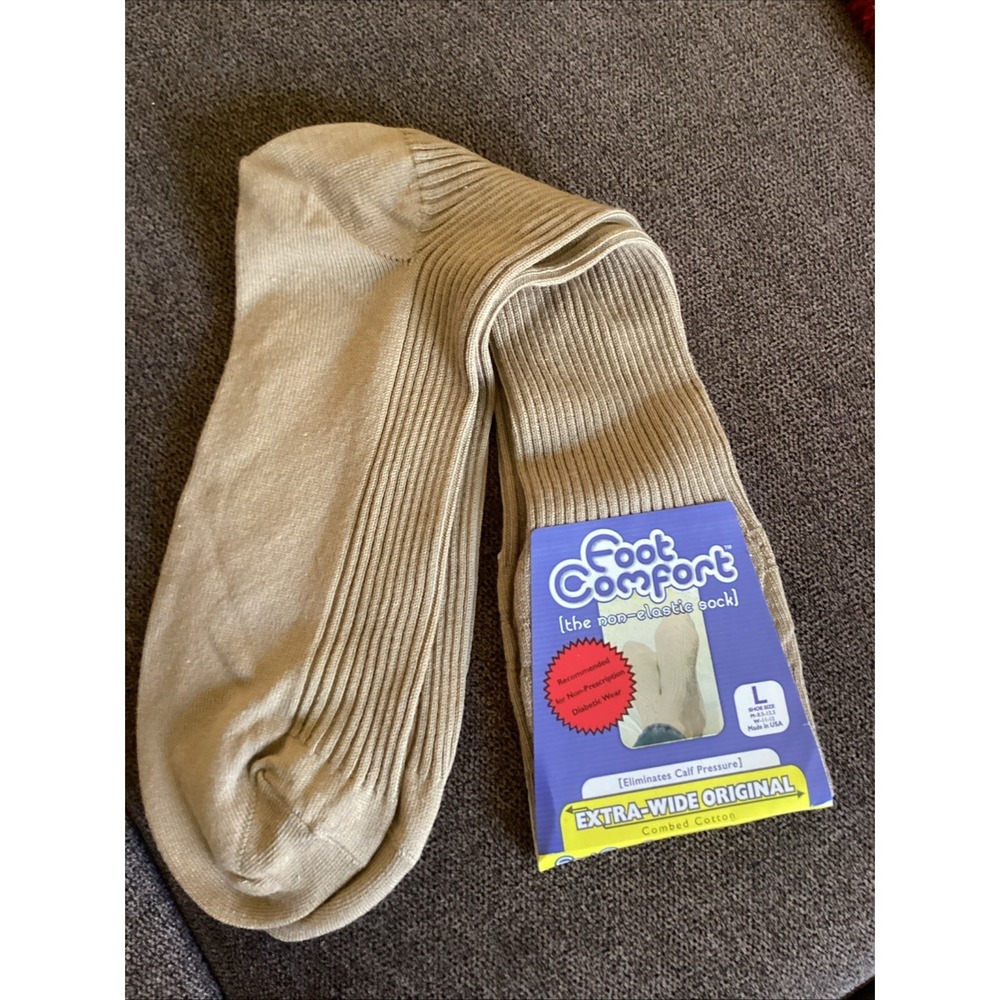Foot Comfort MENS Socks Non Elastic Large Ribbed Beige Extra Wide And Nonbinding